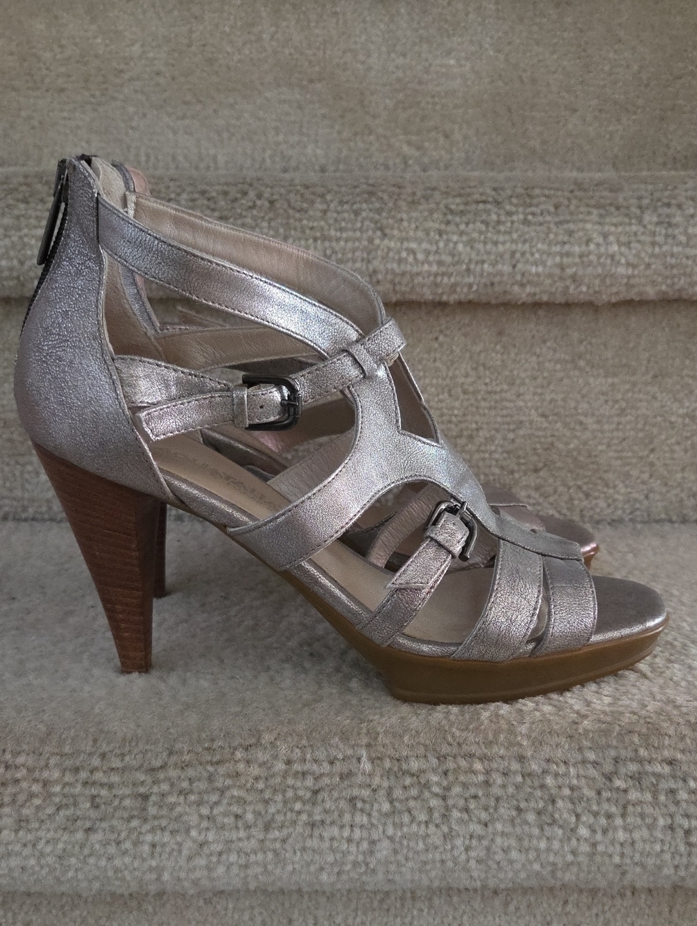 Aquatalia Metallic Silver Leather Strappy Tapered High Heel Sandals
